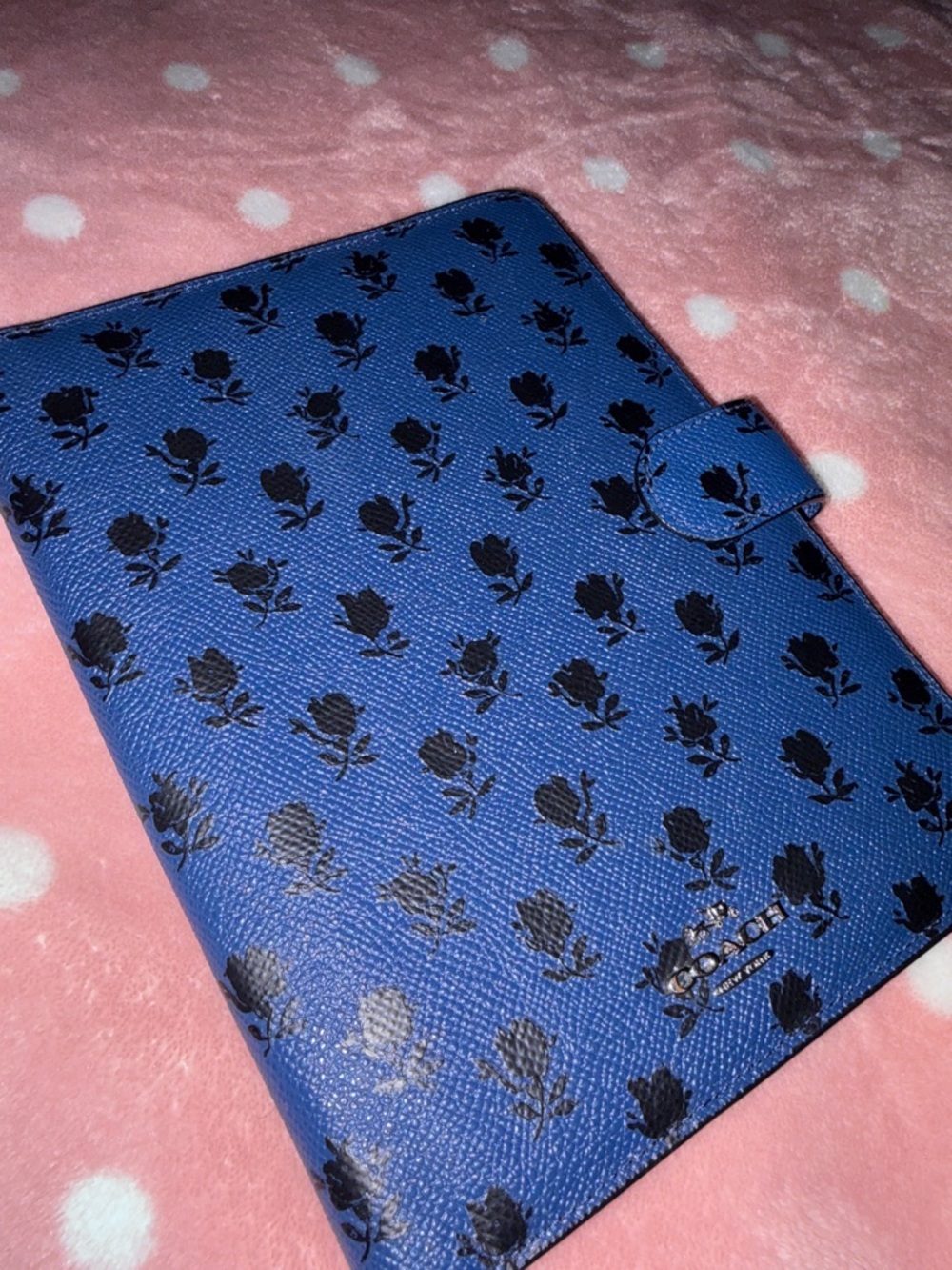Coach Navy Blue Floral Leather Planner Journal Cover with Snap - Picture 4 of 13